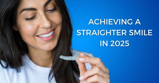Woman holding up and looking at a clear aligner tray