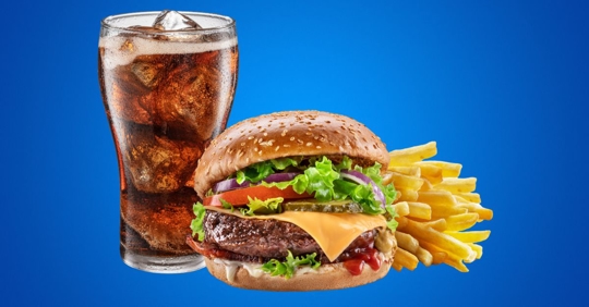 Photo of burger, fries, and soda